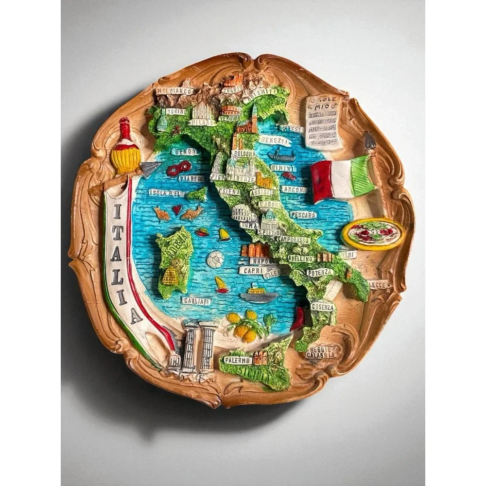 Vintage‎ Legnoart Italy Wall Plaque 3D Resin Map Diorama with Scrolled Accents